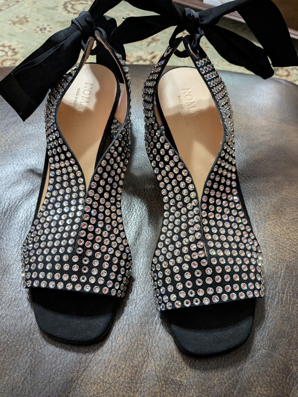 ADORA Black Crystal Embellished Tie-Ankle Heels The Disco Sandal